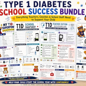 May include: A Type 1 Diabetes school success bundle featuring four printable resource sheets with educational text, checklists, and cartoon bear illustrations. The documents include a student profile, school snapshot, teacher guide, and coach card.