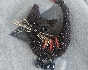 Felted Wool Cat Brooch, Handmade Animal Beaded Broach