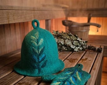 Felt Sauna Hat and Mittens Set, Wool Sauna Cap with Glove, Traditional Bathhouse Hat, Gift for Sauna Lover