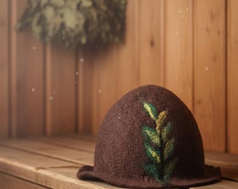 Sauna Hat Wool, Handmade Bathhouse Cap with Leaf Design | Spa Accessories