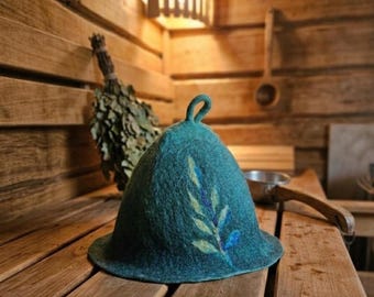 Wool Sauna Hat, Felted Bathhouse Cap with Leaf Design | Spa & Sauna Accessories
