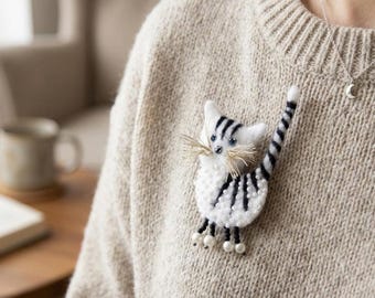 White Beaded Cat Brooch, Felted Wool Animal Pin, Animal Badge