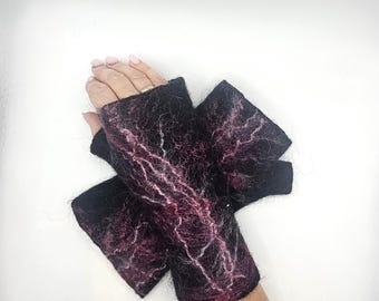 Handmade Felted Arm Warmers Fingerless Gloves, Wool Wrist Warmers, Winter Accessories for Women