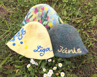 Personalized Felted Wool Sauna Hat, Custom Name Heat Protection, Nordic Banya Accessory
