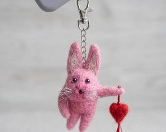 Felted Pink Bunny Bag Charm, Cute Rabbit Keychain, Heart Phone Strap Charm, Handmade Wool Animal Keychain