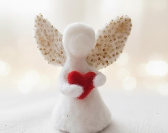 White Wool Felted Angel, Family Guardian Angel Ornament with Heart, Handmade Keepsake