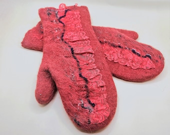 Red Wool Mittens for Woman, Warm Winter Gloves with Lace Detail