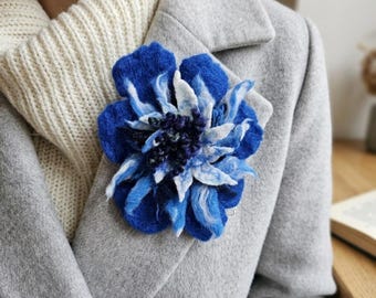 Large Flower Brooch, Blue Floral Pin, Shawl Pin, Statement accessory