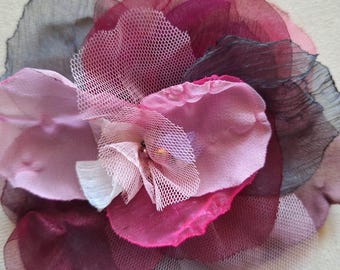 Pink Organza Flower Brooch, Beaded Chiffon Pin, Handmade Floral Broach