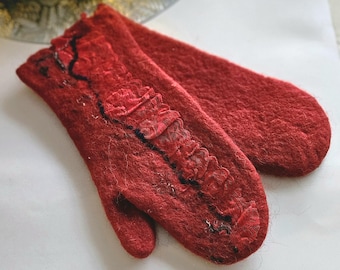 Red Wool Felted Mittens, Red Lace Winter Gloves