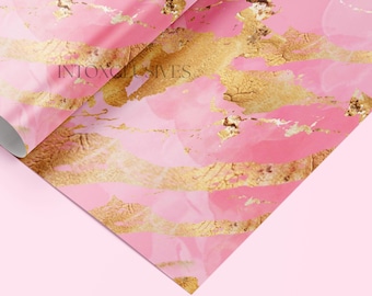 Chic Pink Gold Foil Wrapping Paper | Soft Pink with Shimmering Gold Flake Design | Elegant Gift Wrap for Birthdays, Weddings & More