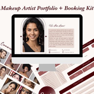 May include: A digital marketing kit for makeup artists, featuring a portfolio of makeup looks, a client checklist, a pricing list, a client profile, a client testimonial form, and a daily appointment sheet. The kit is designed in a burgundy and white colour scheme with the word "Canva" in a circle.