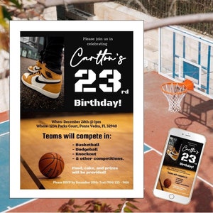 Può includere: Invito di compleanno a tema basket con il testo "23° compleanno di Carlton!". L'invito include i dettagli dell'evento, una palla da basket e scarpe da ginnastica. L'invito è anche visualizzato su uno smartphone.