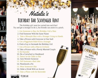 May include: A printable birthday bar scavenger hunt game with a gold glitter background. The game includes 17 tasks for the birthday girl to complete at a bar, such as getting a stranger to buy her a shot, taking a picture with everyone in one stall, and ordering a drink with an accent. The game also includes a picture of a champagne flute and a smartphone with the game on it.