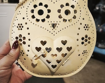 Photophore suspendu hibou en métal crème de style vintage