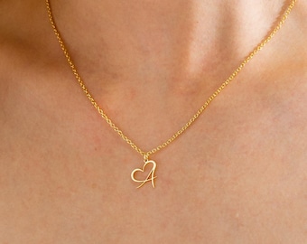 Dainty Initial Heart Necklace, Personalized Letter Necklace, 14K Gold Initial Necklaces with Heart, Christmas Gifts, Jewelry Gift for Women