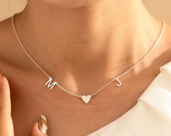 Sliver Initial Letter Necklace with Heart, Mom Gift from Daughter, 2  Initial Heart Necklace, Personalized Gift for Nanny, Mothers Day Gifts