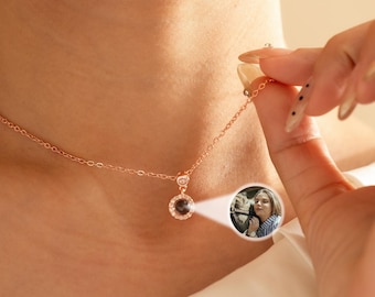 Photo Projection Necklace with Diamond, Memorial Photo Necklace, Custom Couples Photo Projection Jewelry, Gift for Mom, Anniversary Gift