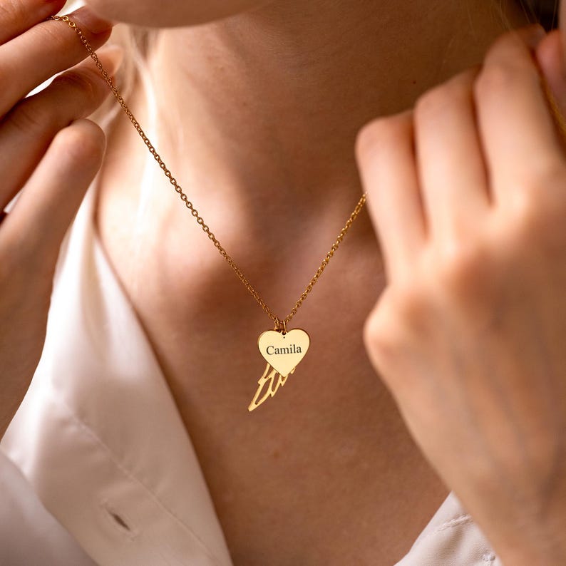 Heart Name Necklace with Angel Wing, Engraved Love Wing Pendant, Memorial Name Necklace, Personalized Grieving Gift, Sympathy Gift Women image 9