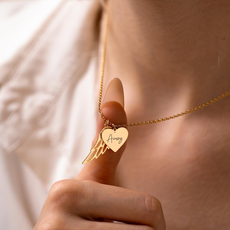 Heart Name Necklace with Angel Wing, Engraved Love Wing Pendant, Memorial Name Necklace, Personalized Grieving Gift, Sympathy Gift Women image 1