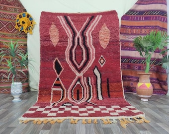 Handmade Red Beni Ourain Rug: Abstract Moroccan Wool Carpet