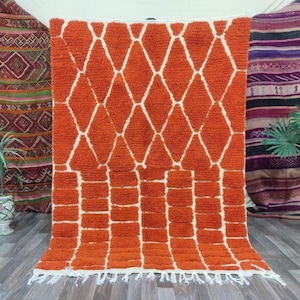 Orange Moroccan Rug, Handmade Wool Berber Carpet, Custom Beni Ourain Rug, Boho Minimalist Abstract Area Rug, Rug For Living Room, Teppich