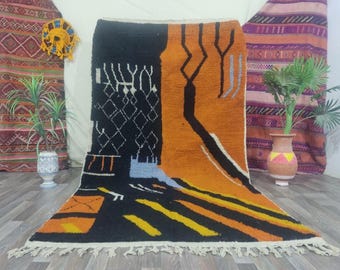 Moroccan Black and Orange Rug: Handmade Custum Berber Beni Ourain Rug, Abstract Floor Carpet