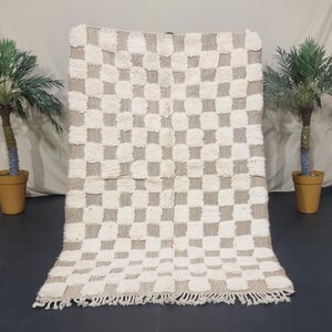 Handmade Checkered Moroccan Rug: Cream & Beige Beni Ourain Wool Shag