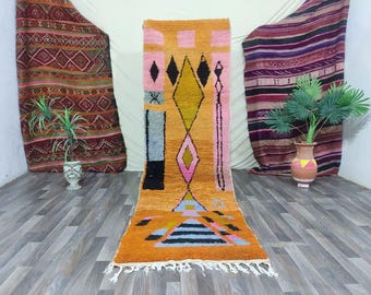 Handmade Wool Berber Runner Rug: Authentic Moroccan Orange Geometric Carpet