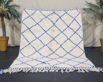 Handwoven Beni Ourain Rug: Blue & White Moroccan Wool Carpet