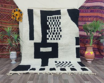 Tappeto Beni Ourain bianco e nero: tappeto marocchino in lana fatto a mano - tappeto berbero personalizzato 9x12