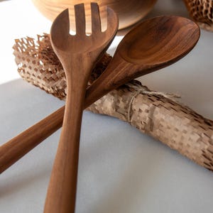 Teak Wood Salad Servers, Salad Spoon and Fork, Wooden Serving Spoon and Fork, Teak Wood Cutlery, Wooden Salad Spoon, Wooden Fork, 12inch