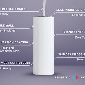 May include: White insulated tumbler with a sliding lid and straw. Features include double-wall vacuum insulation, sublimation coating, and 18/8 stainless steel. Holds 20 oz and fits most cupholders. Keeps cold for 9 hours and hot for 3 hours.