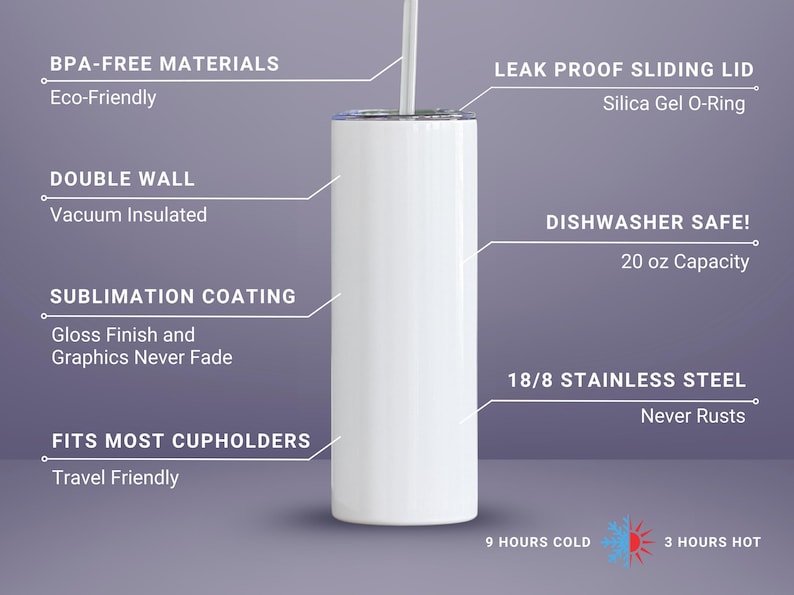 May include: White insulated tumbler with a sliding lid and straw. Features include double-wall vacuum insulation, sublimation coating, and 18/8 stainless steel. Holds 20 oz and fits most cupholders. Keeps cold for 9 hours and hot for 3 hours.