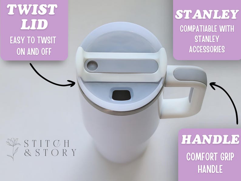 May include: White insulated mug with a gray lid and handle. The mug features a twist lid for easy use and a comfort grip handle. The mug is compatible with Stanley accessories.