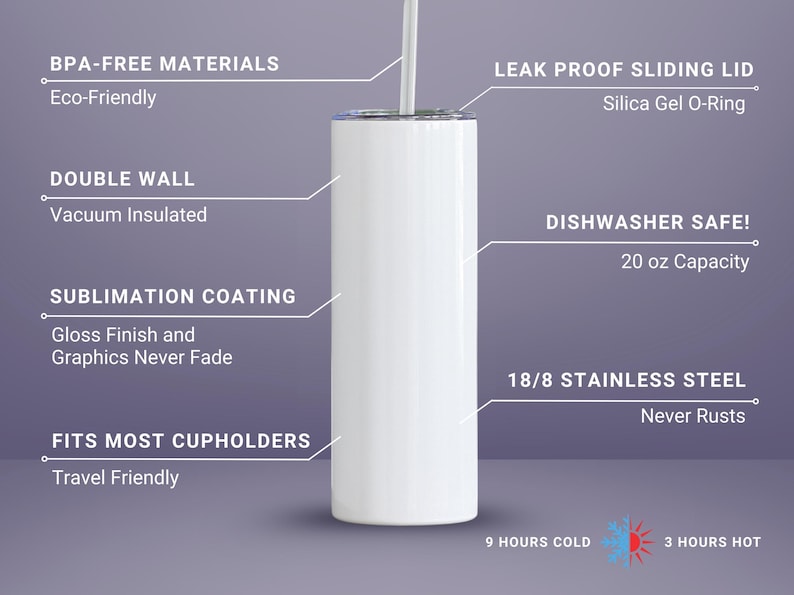 Pu&ograve; includere: Bicchiere termico bianco con coperchio scorrevole e cannuccia. Caratteristiche: isolamento sottovuoto a doppia parete, rivestimento a sublimazione e acciaio inossidabile 18/8. Il bicchiere &egrave; lavabile in lavastoviglie e si adatta alla maggior parte dei portabicchieri. Capacit&agrave; 591 ml.
