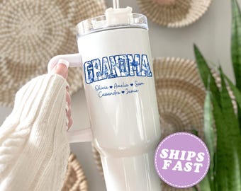 Grandma Tumbler Personalized Mother's Day gift for Grandma tumbler with handle grandkids name Custom Grandma cups, Grandma Travel mug 40oz