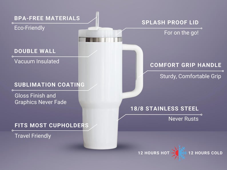 May include: White insulated travel mug with a handle and straw. Features include a splash-proof lid, double-wall vacuum insulation, and sublimation coating. Made of 18/8 stainless steel, it fits most cupholders and keeps drinks hot or cold for 12 hours.