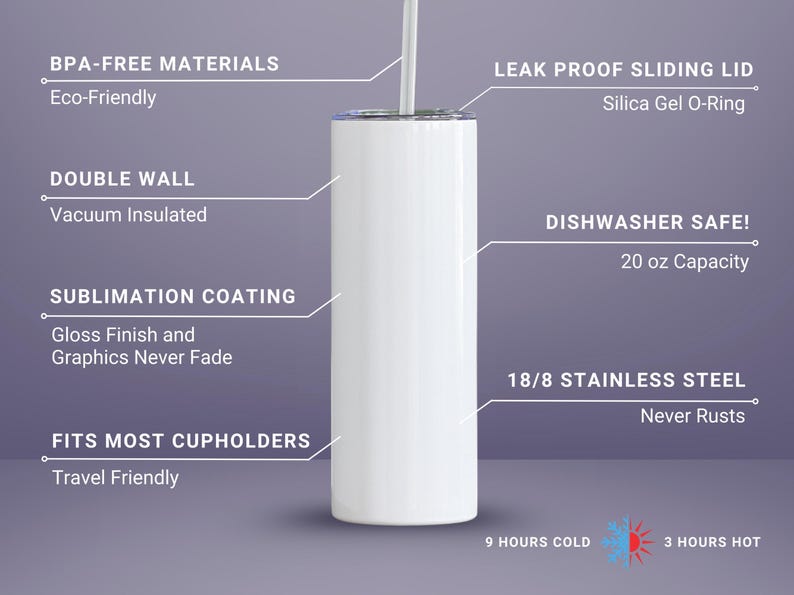 May include: White insulated tumbler with a sliding lid and straw. Features include double-wall vacuum insulation, sublimation coating, and 18/8 stainless steel. The tumbler is dishwasher safe and fits most cupholders. Holds 20 oz and keeps drinks cold for 9 hours and hot for 3 hours.