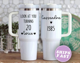 Custom 40th Birthday Tumbler, 40th Birthday gifts for women, Personalized 40 Birthday tumbler Fortieth birthday 40oz tumbler with handle cup