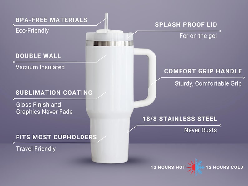 May include: White insulated travel mug with a handle and straw. Features include a splash-proof lid, double-wall vacuum insulation, and sublimation coating. Made of 18/8 stainless steel. Keeps drinks hot or cold for 12 hours. BPA-free and fits most cupholders.