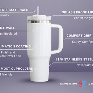 Pu&ograve; includere: Tazza da viaggio isolata bianca con manico e cannuccia. Include coperchio a prova di schizzi, isolamento sottovuoto a doppia parete e rivestimento a sublimazione. Realizzata in acciaio inossidabile 18/8. Mantiene le bevande calde e fredde per 12 ore. Senza BPA.