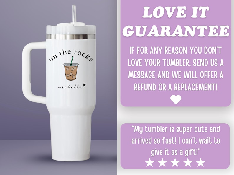 May include: White tumbler with a handle, a lid, and a straw. The tumbler has the words "on the rocks" and a drawing of an iced coffee drink. The name "michelle" is written below the drawing, with a heart symbol.