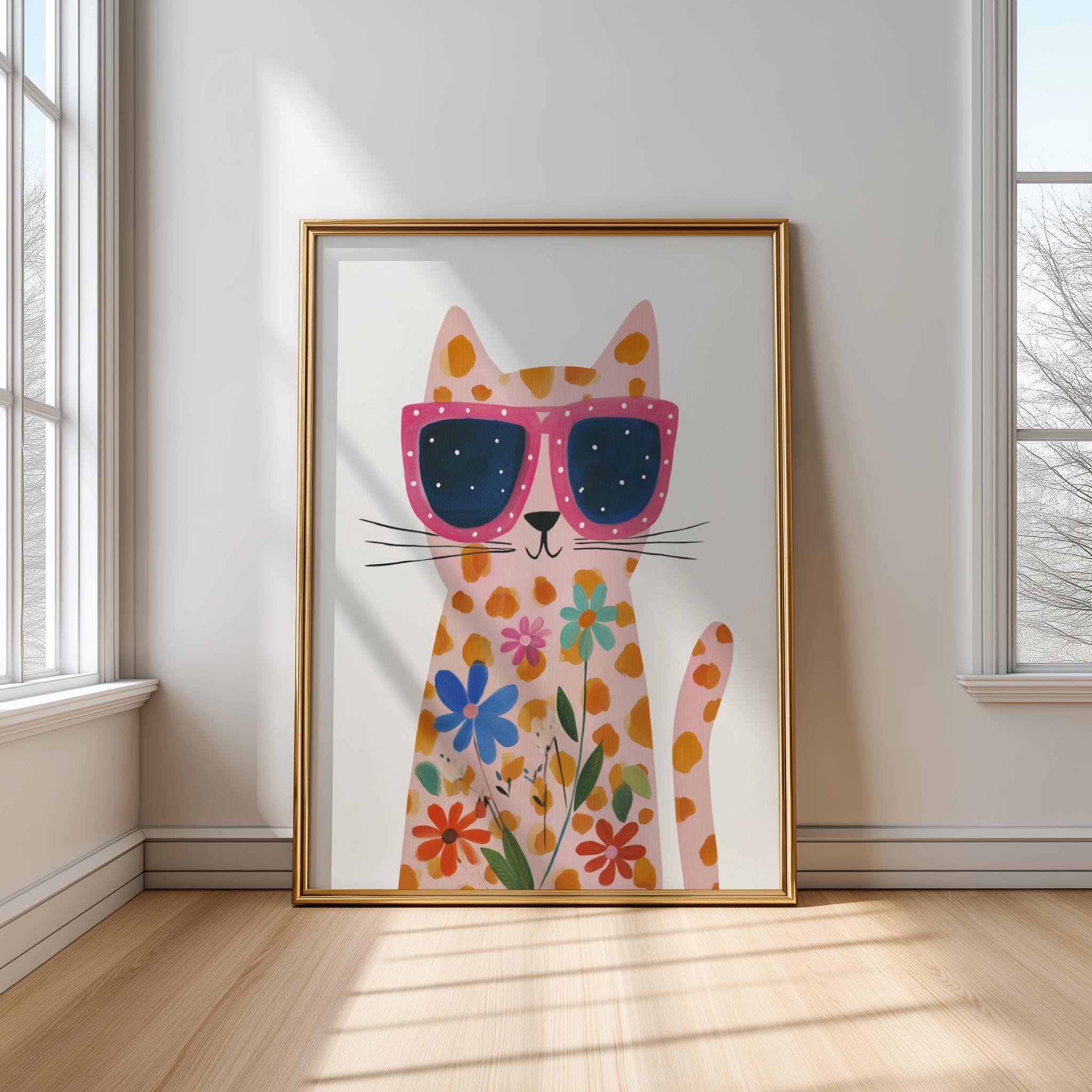 Pink Floral Cat With Sunglasses Nursery Wall Art Kids Room Decor Print ...