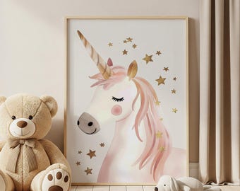 Arte Infantil de Unicórnio - Pôster em Tons Pastel para Quarto de Bebê, Decoração de Parede Digital Mágica
