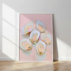 May include: An abstract painting of six oyster shells on a pink background. The shells are white with pastel-coloured interiors, and the artwork is framed in a white border. The painting has a modern, artistic style.
