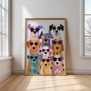 Dogs in sunglasses poster, funny animal print for kids, cute dog nursery decor, pastel dog wall art, children’s room dog print