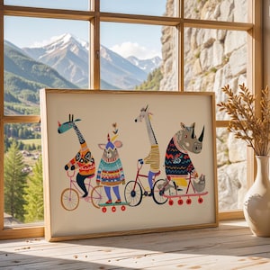 Arte de bicicleta com animais, decoração de parede divertida para quarto infantil. imagem 5