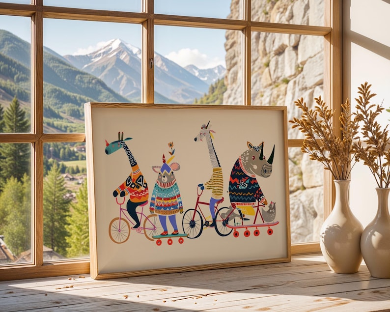 Arte de bicicleta com animais, decoração de parede divertida para quarto infantil. imagem 5
