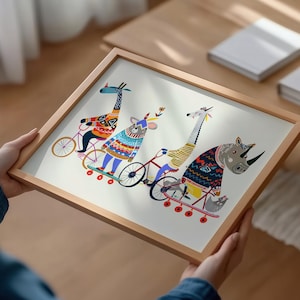 Arte de bicicleta com animais, decoração de parede divertida para quarto infantil. imagem 3